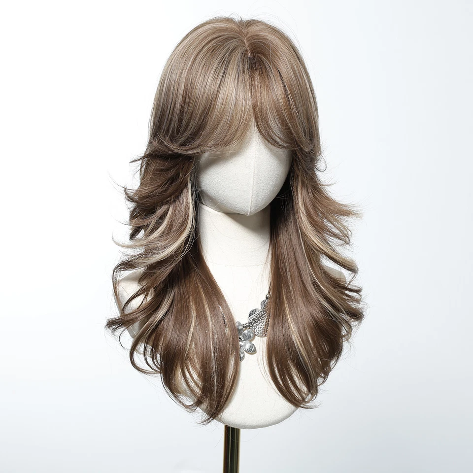 Brown With Blonde Highlights Synthetic Wigs With Bangs Wavy Layered Hair Wigs - Image 4 of 4