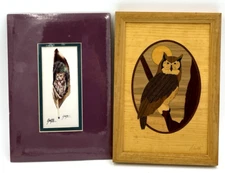 Vtg Owl Artwork Hudson River Inlay Marquetry Wood Framed Matt 10" x 7" Signed