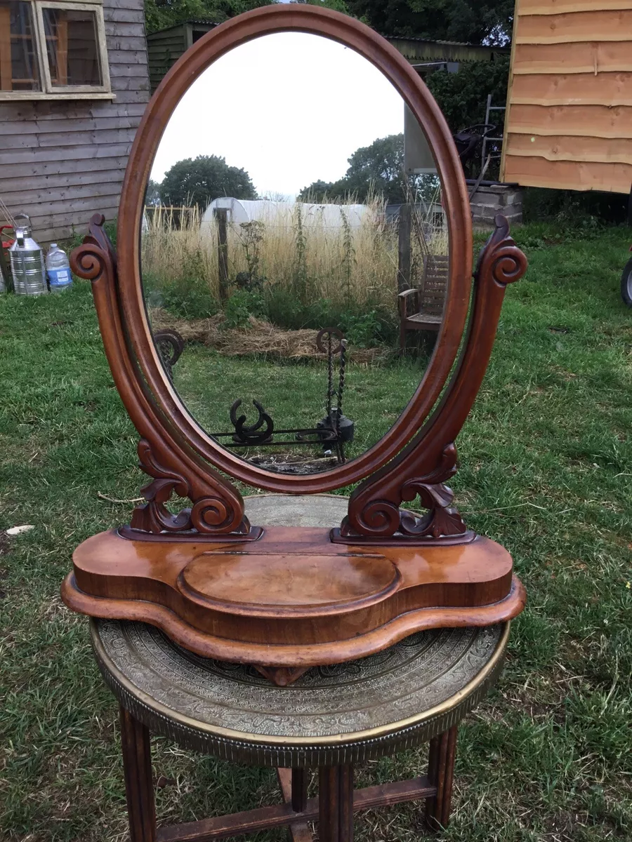 Antique Victorian Mirror dressing table swing Carved Scrollwork Compartment