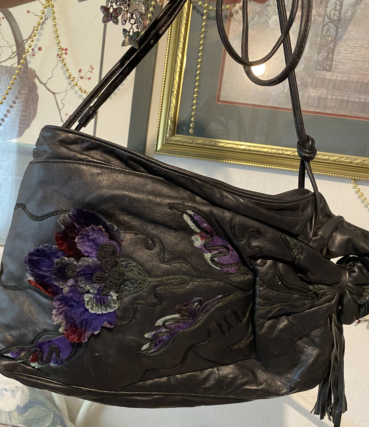 PONY Borsa a tracolla Broccialini designer italiano in pelle fiorita applicata e nappa