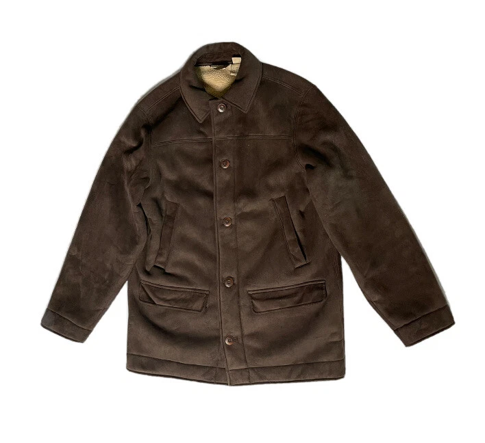 Mens LL Bean Brown Microsuede Sherpa Lined Button Up Coat Jacket 0 FKF2 Size M