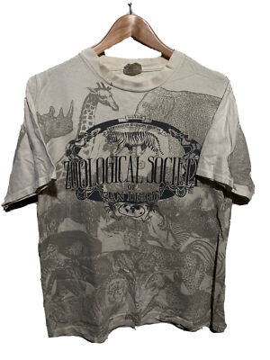 Vintage 90s Zoo All Over Print T Shirt Nature Tee Animal Single Stitch Sz L
