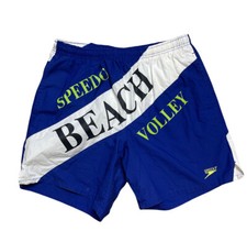 SPEEDO Vtg Swim Trunks Large Writing Logo Men M Blue Color block 14 X 6 In