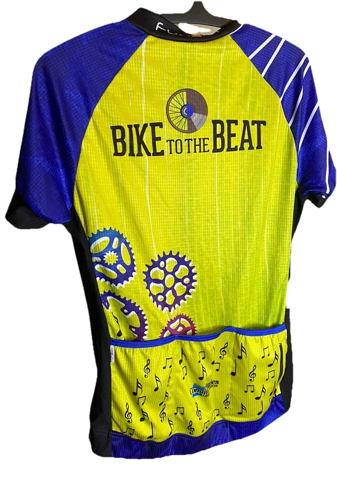 Funkier Full Zip Short Sleeve Navy Neon Green Cycling Jersey Men's L Pockets - Image 2 of 4