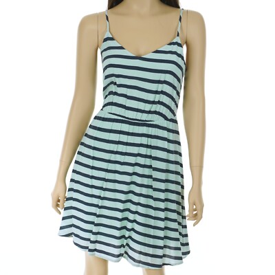 LAUREN CONRAD Women's SIZE 8 Smocked PASTEL TURQUOISE & BLUE STRIPE V-Neck DRESS