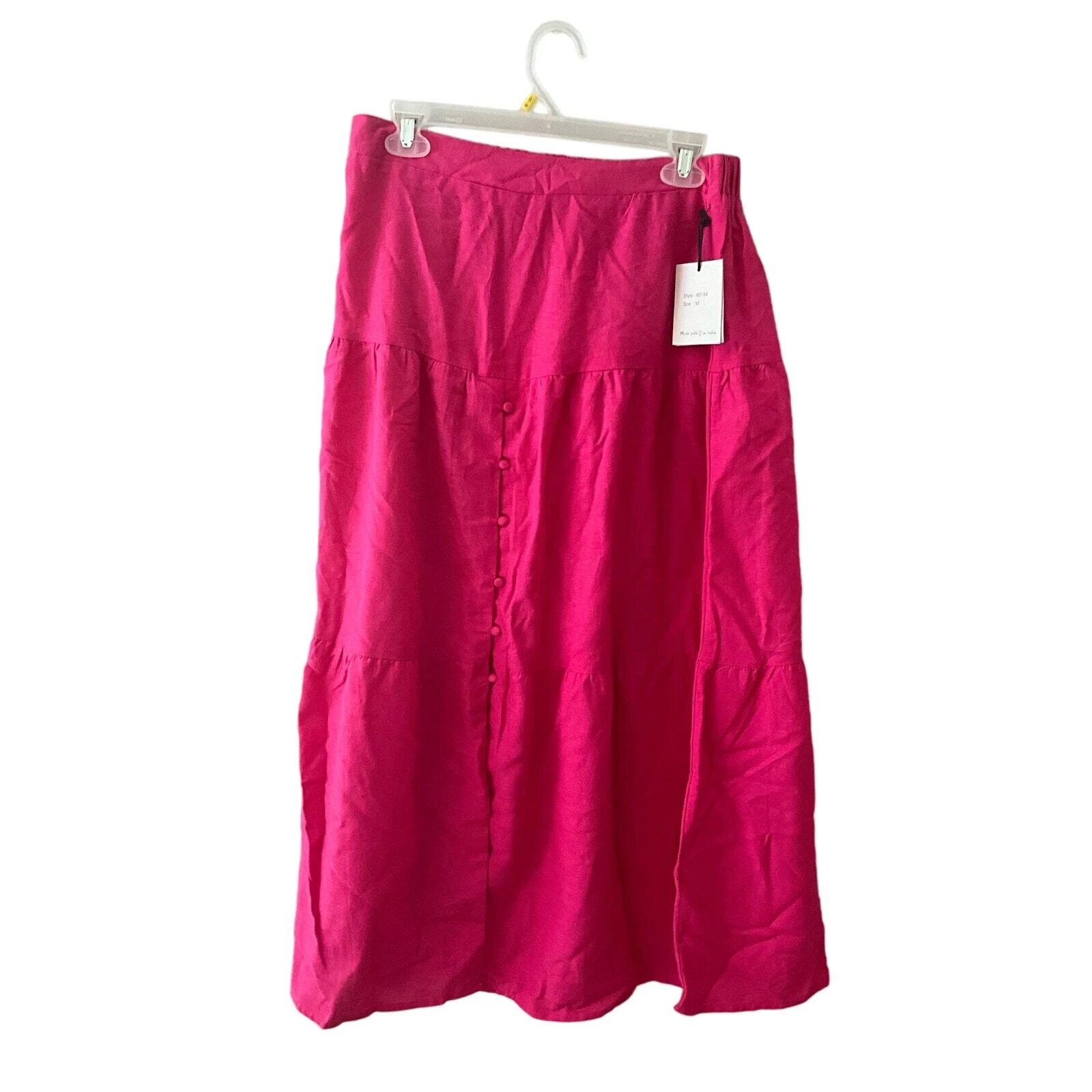 Japna A-line Midi Skirt Women's M Pink Hi-Rise Front Button Detail Cotton Blend
