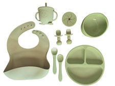 9-Piece Baby Silicone Feeding Set Suction Plate Bowl Bib Cup Utensils Green
