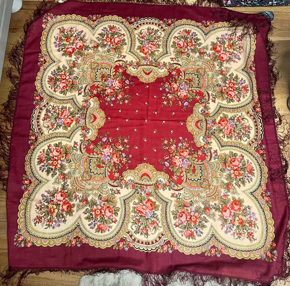 Auténtico chal Pavlov/Pavlovo Posad tradición rusa 148x148 cm, 100 % lana Foto 3 de 3