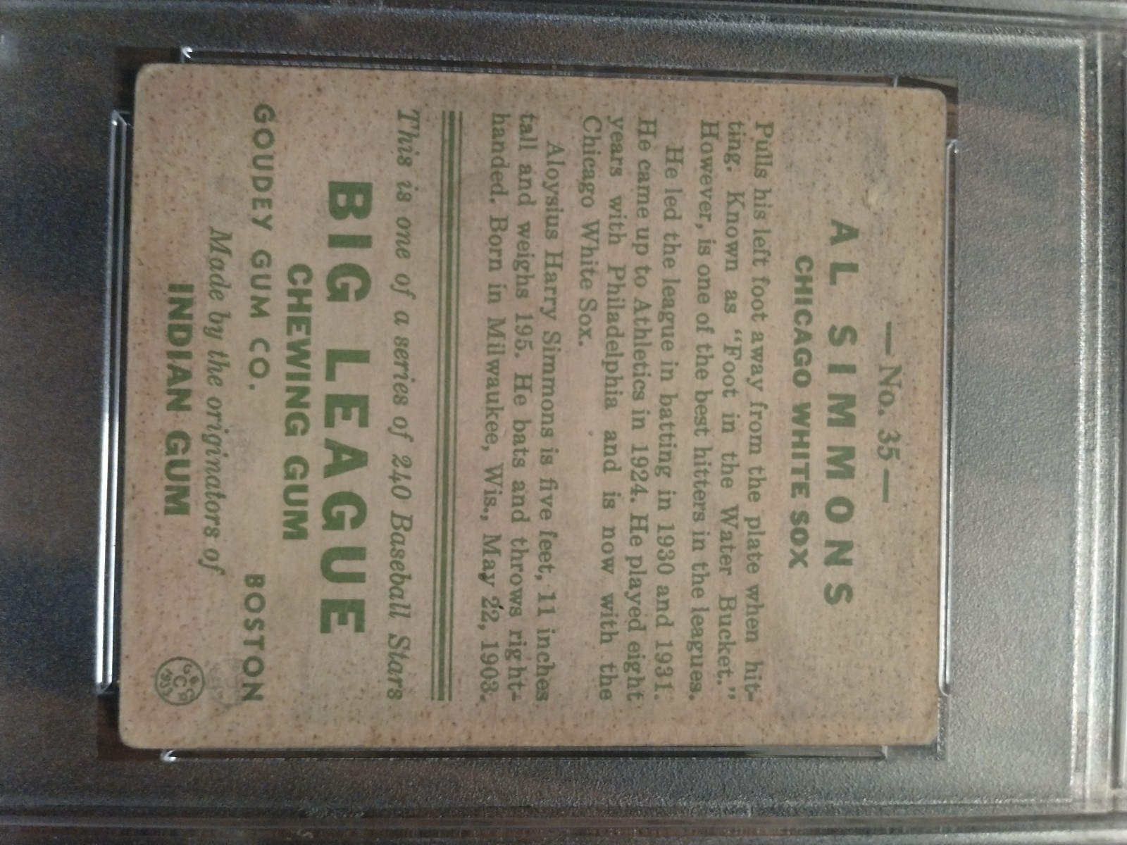 1933 Goudey Big League Chewing Gum - R319 Al Simmons #35 PSA 4 (MK) VG-EX view 4