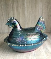 Vintage Indiana Glass Iridescent Carnival Blue Hen on Nest Dish 7