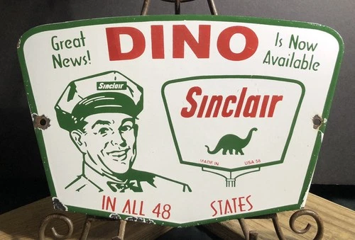 VINTAGE 1958 DATED SINCLAIR DINO GASOLINE 12” PORCELAIN GAS PUMP 48 STATES SIGN