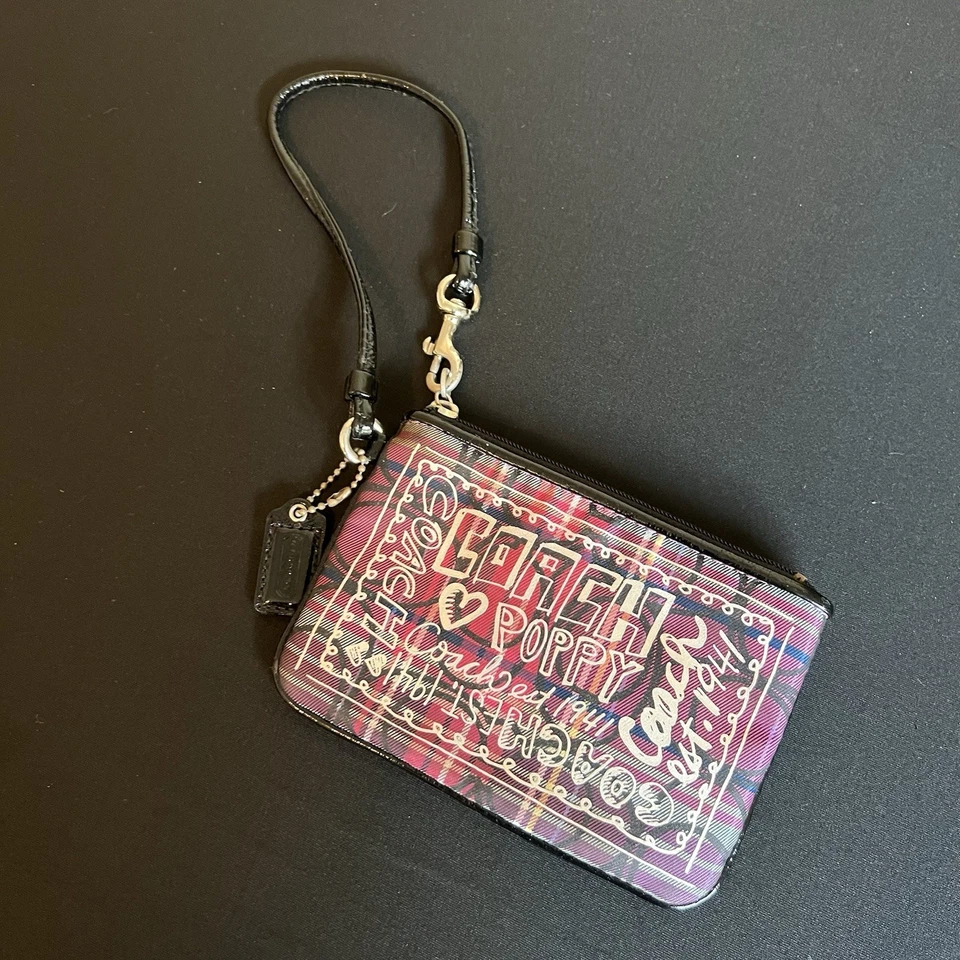 Coach Amapola Rojo Negro Plata Brillo Tartán Cremallera Muñequera Patente Borde Etiqueta Foto 2 de 4