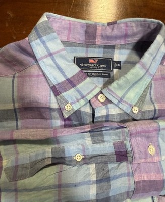 Vineyard Vines Linen Shirt Classic Fit Murray Blue Purple Plaid Button Down XXL