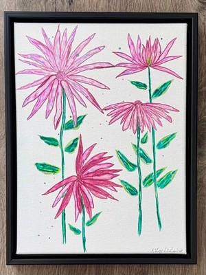 Original Hand Drawn Flower Art   Framed Canvas  9'' x 12'' 