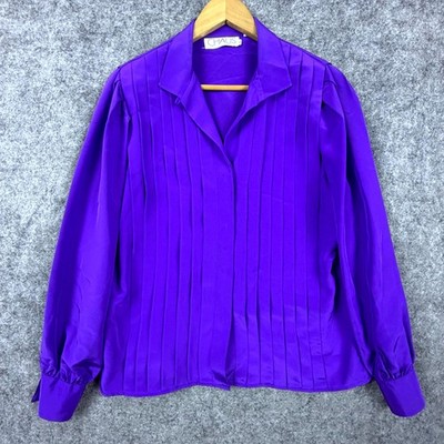 Vintage Chaus Blouse Top Womens 14 Purple Satin Pleated Silky Office Siren Chic