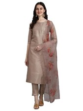 Women's Silk Blend Embroidered Straight Kurta Pant Set with Organza Dupatta