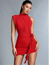 Red BAE Women's Stand Collar Ruffle Trim Decor Pleated Dress Sz XS S M L