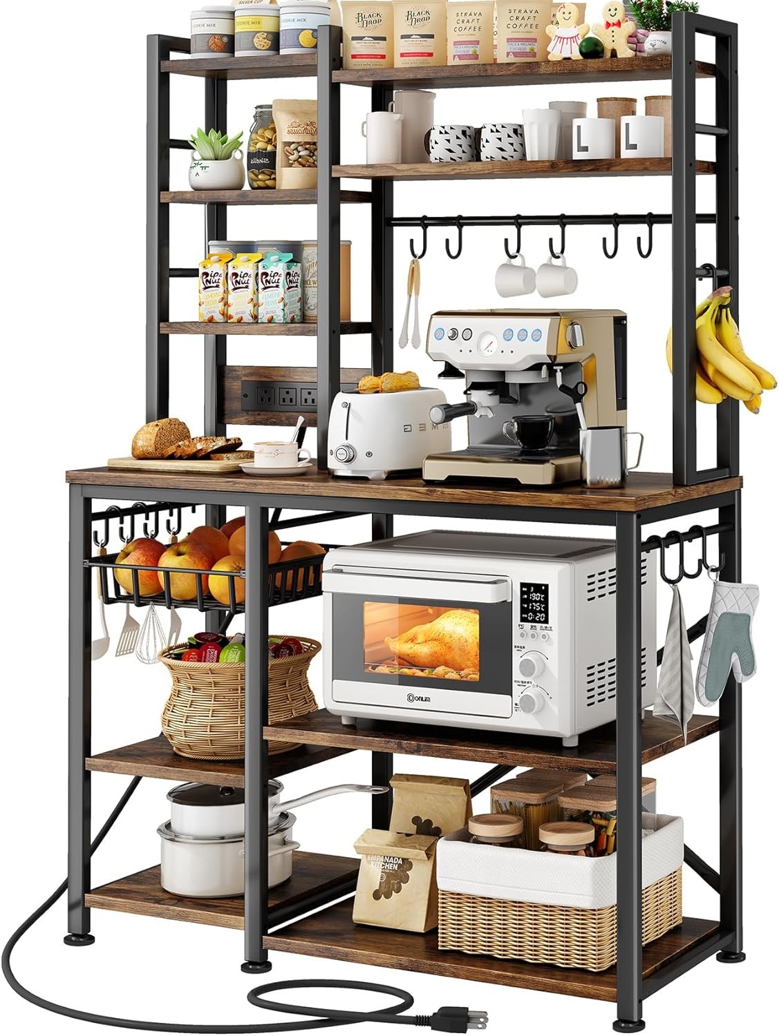 Baker Rack with Power Outlet - Microwave Stand with Storage, Large Coffee Bar