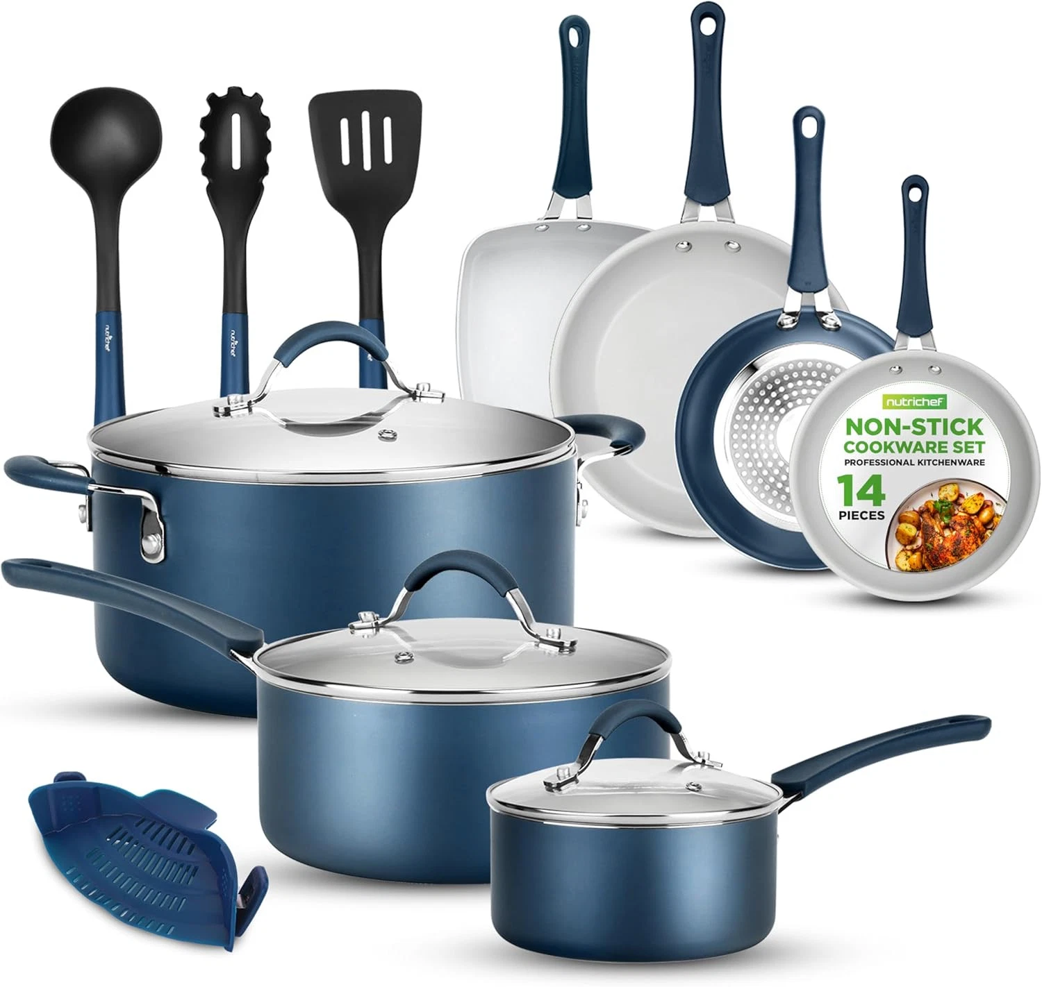 NutriChef 14-Piece Navy Blue Cookware Set - Durable Non-Stick Pots and