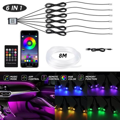 8M RGB LED Car Interior Fiber Optic Neon Light Strip Atmosphere Lighting Kit APP