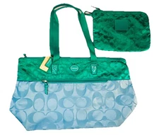 Coach Colorblock Blue Green Large Travel  Tote & Cosmetic Bag F77560 Ships FREE!