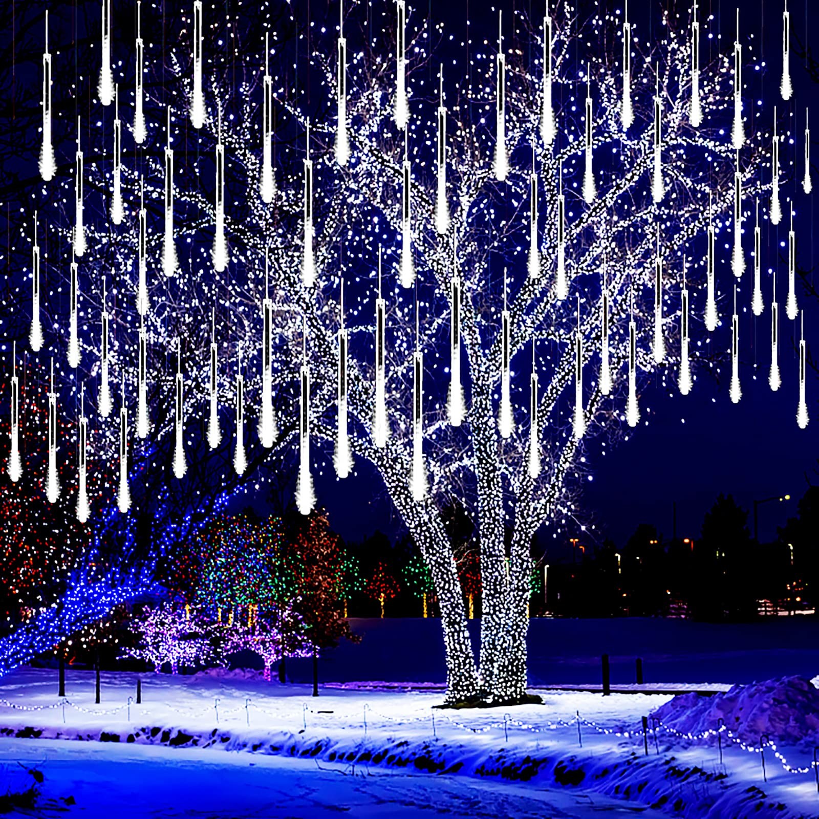 Outdoor Christmas Meteor Shower Lights with 8 LED Snowfall Icicle Tubes