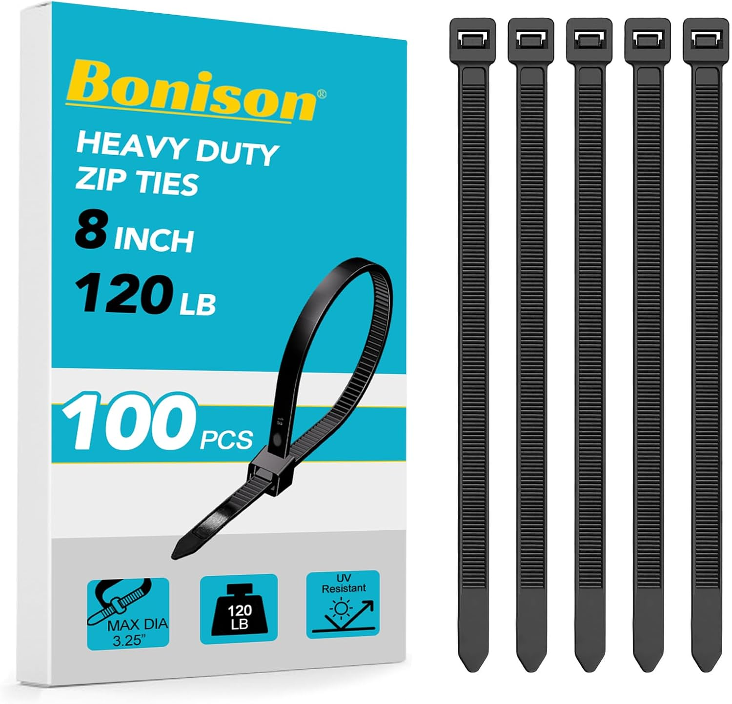 Heavy Duty 8-Inch Zip Ties 120lb Tensile Strength Black