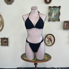 Vintage Black Textured Triangle Bikini Set High Cut Cheeky Swimsuit Size XS/S