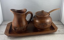 Vintage Hand Carved Wood Sugar Bowl Creamer Set w Spoon & Tray MCM