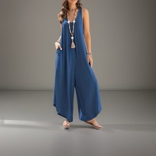 XL US Size 12 Blue Pocket V-Neck Jumpsuit Wide Leg New Free Ship