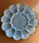 Fire King Anchor Hocking Delphite Blue Gold Trim Deviled Egg Plate 10"