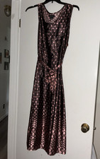 Momentum 14W Plus A-Line Long Dress Pink Brown Polka Dot Sleeveless Scoop Bow