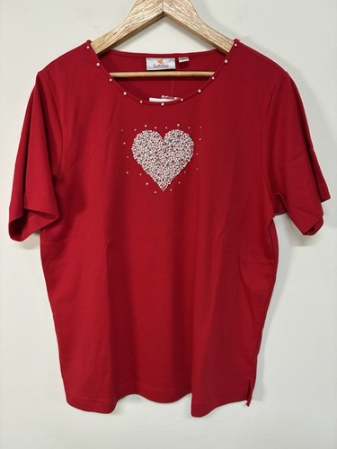 Vintage NWT Quacker Factory Large Red Blouse With Heart Rhinestones