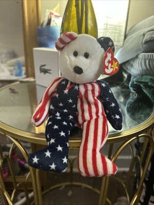 Spangle Ty Beanie Baby WHITE Face Patriortic America Bear MWMT DOB July 14 1999