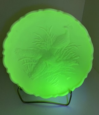 Northwood Custard Glass Bowl Peacock Design Inside Holly Outside Glows Under UV