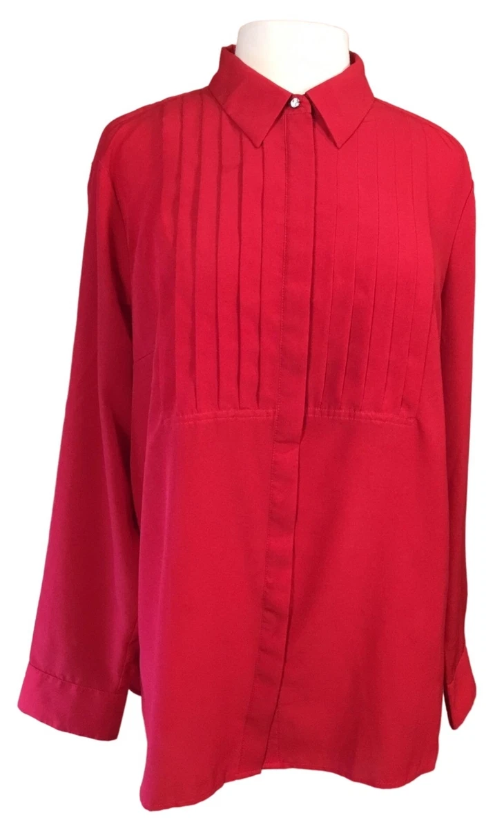 Talbots Long Sleeve High Neck Pleated Button Front Red Blouse