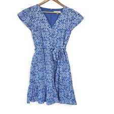 Loft Eyelet Floral Pattern Dress Blue White V-Neck Tie Waist Ruffle Size 4 NWT
