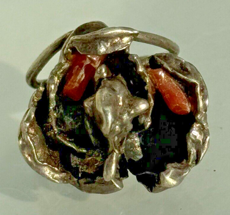 Modernist Brutalist Ring Silver Mediterranean Cor… - image 5