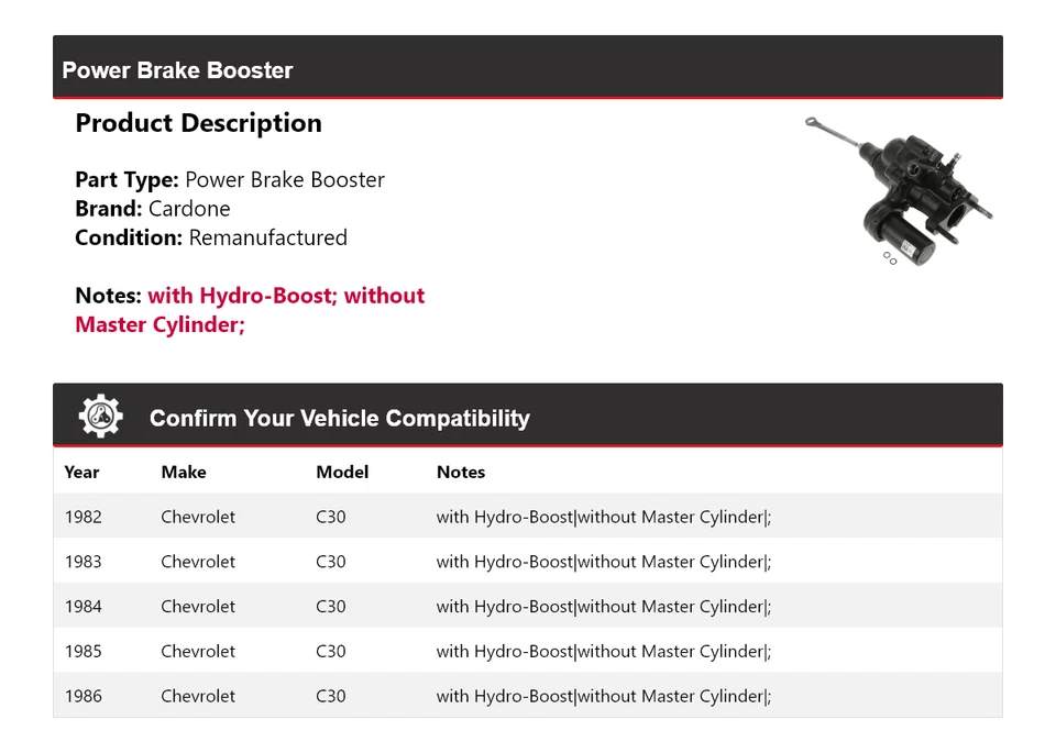Para Chevrolet C30 1982-1986 Power Brake Booster Cardone 1983 1984 1985 Foto 2 de 4