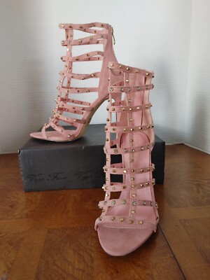 Vigo Fiore Faux Suede Rhinestone Stud Strappy Caged Stiletto Sandal Shoes  Sz