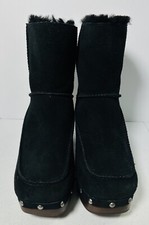 Ugg Womens Carnegie Black Shearling Lined Suede Wood Wedge Clog Boots Sz 7