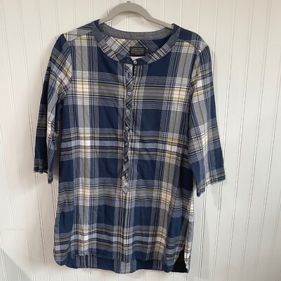 Pendleton Blue Plaid Tunic Top Cotton 3/4 Sleeve Petite Medium Casual Western
