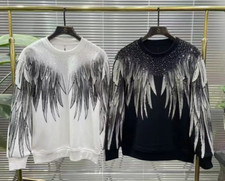 New Men Luxury Diamond Wings Rhinestones Fashion Black White Hoodie High Quality