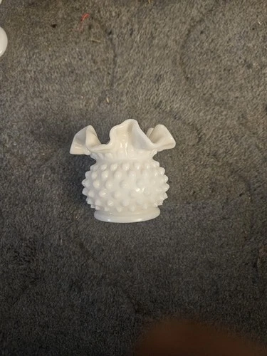Vintage Fenton Hobnail White Milk Glass Ruffled Edge Small Round Vase 3” High EC