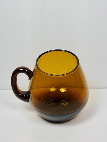 1 MCM Blenko Handblown Amber Glass Mug Slanted Angled With Applied Handle