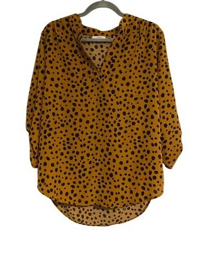Jodifl Women's S Gold Black Tunic Top Leopard Print V-Neck Curved Hem Tribal