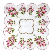 Vintage Hankie Handkerchief Pink  Red Rose White Floral Pattern Scalloped Edges
