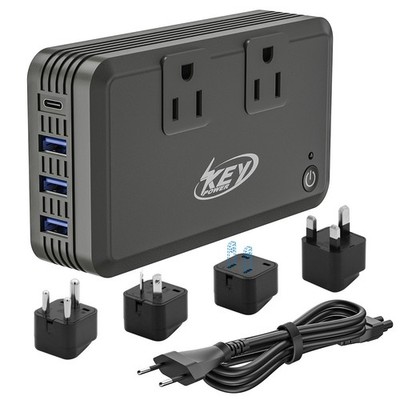 Portable 230W Buck Converter 220V to 110V with 3 USB, and 3 Global Travel Plugs