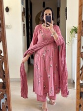 Women Pink Embroidered Kurta Set Indian Ethnic Salwar Suit Dupatta Festive Wear