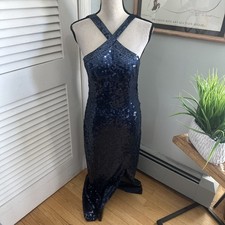 Vintage Papell Boutique Dress 10 Blue Sequin Maxi Glam Evening Prom Wedding